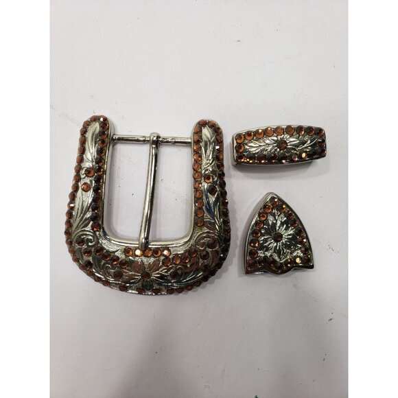 BB Simon 3 Piece Buckle Combo Set Western Swarovski Crystal Brown Silver - Picture 1 of 6